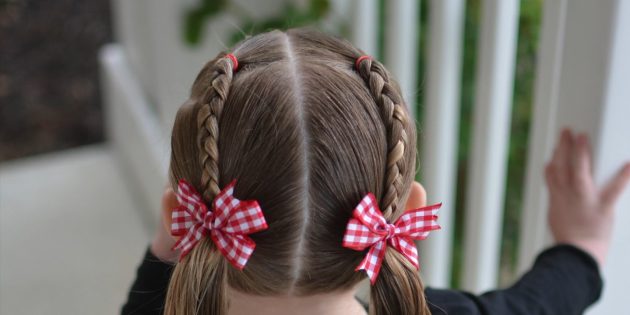 Причёски для девочек: низкие хвостики с двумя косичками