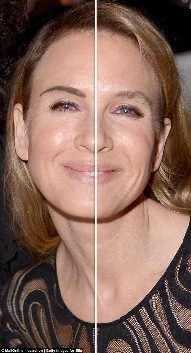 Two faced: Renee Zellweger looked virtually unrecognizable at an event on Monday night (right). But with just a lick of Photoshop to fill in and thin her unkempt brows, the 45-year-old looks much more her normal self 