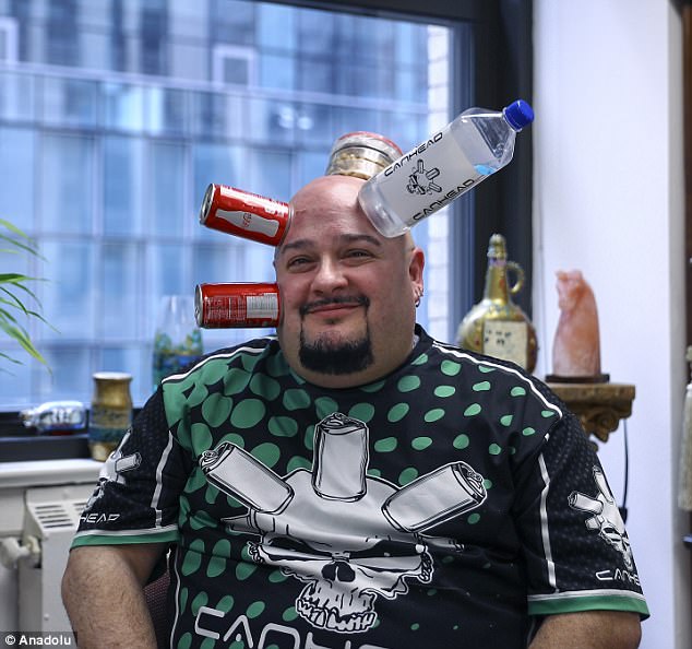 It may seem bizarre to some, but Keeton has turned the condition into a full-time career, which earns him up to $1,500 a day and sometimes as much as $8,000 in a weekend - and all he is does is stick cans and bottles from brands to his head