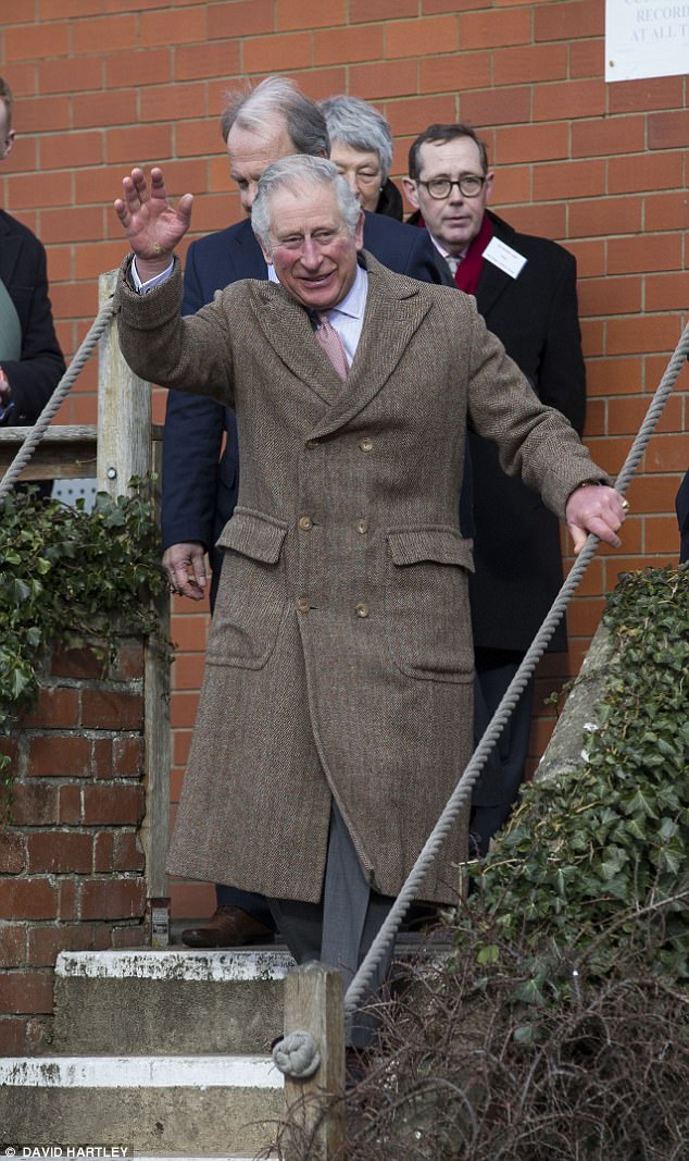 Charles was all smiles as he arrived at the Wallbridge Upper Lock, where he descended the stairs to board the narrowboat while waving his hand in greeting